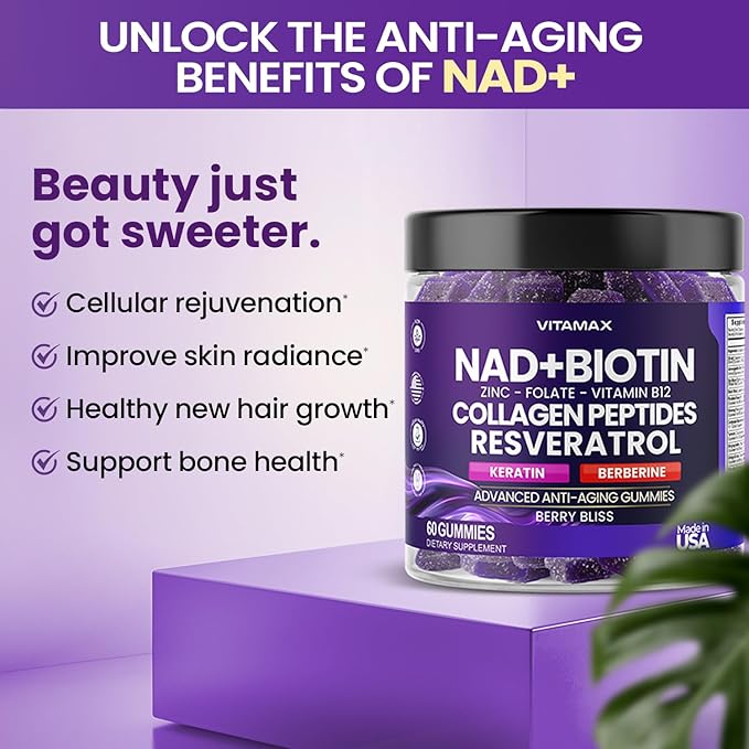 NAD+, Resveratrol, Berberine, & Biotin Anti-Aging Gummy - Hair, Skin, Nails & Joint Supplement - Collagen Peptides, Keratin, Zinc, Vitamin K2 & D3 Gummies -Regeneration- Non-GMO - Made in USA 60 Count