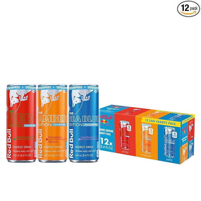 Red Bull Energy Drink Sugar Free Variety Pack, Red, Amber, and Sea Blue, with 80mg Caffeine, Taurine & B Vitamins, 8.4 fl. oz, Pack of 12 Cans