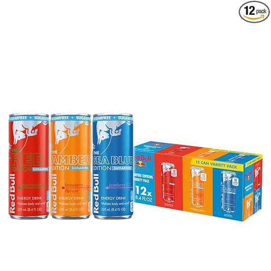 Red Bull Energy Drink Sugar Free Variety Pack, Red, Amber, and Sea Blue, with 80mg Caffeine, Taurine & B Vitamins, 8.4 fl. oz, Pack of 12 Cans