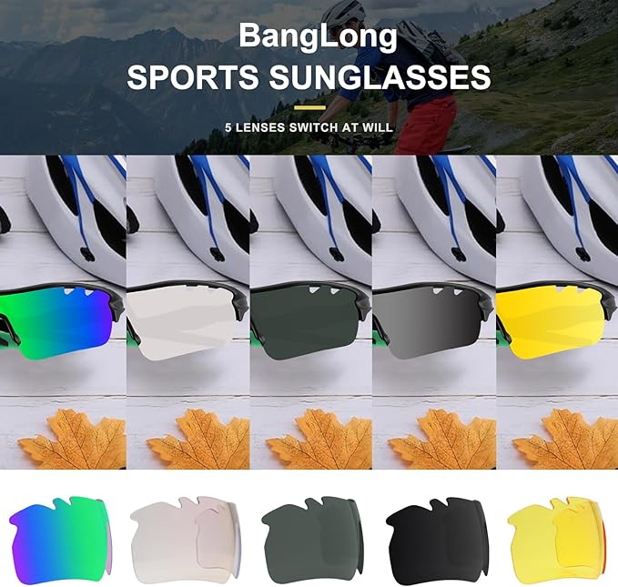 BangLong Polarized Sports Sunglasses Cycling Sun Glasses for Men Women with 5 Interchangeable Lenes for Running Baseball Golf