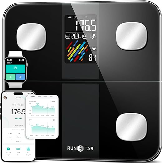 Runstar Smart Scale for Body Weight and Fat Percentage, High Accuracy Digital Bathroom Scale with Large Display for BMI Heart Rate 15 Body Composition Analyzer Sync with Fitness App 400lb