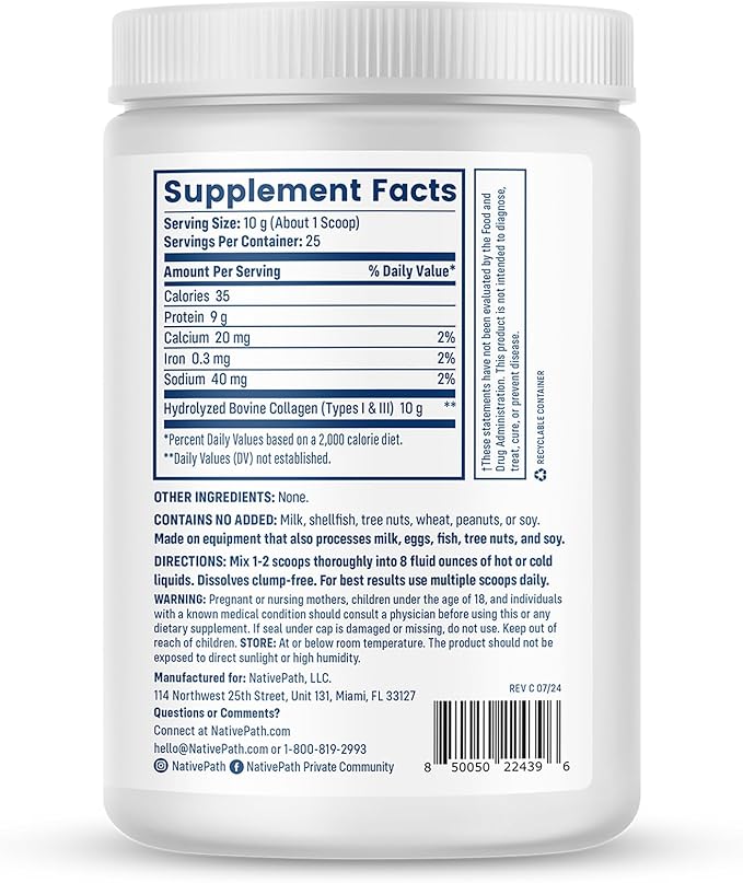 NativePath Collagen Peptides - Hydrolyzed Type 1 & 3 Collagen Powder for Skin, Hair, Nails - 8.8 oz (25 Servings)