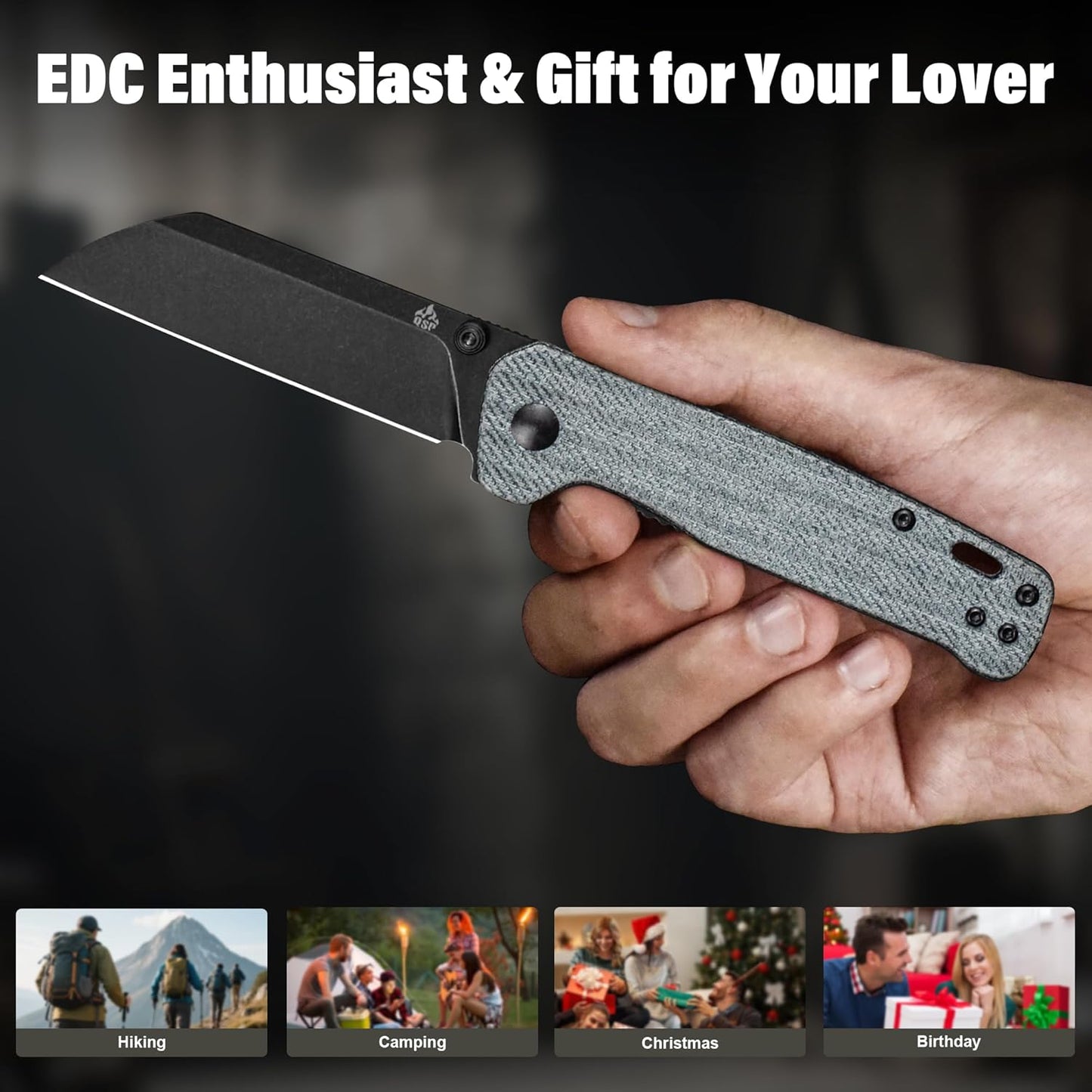 QSP Penguin V2 Folding Pocket Knife, 3.06" D2 Black Stonewash Blade EDC Knife, Denim Micarta Handle, Liner Lock, Ceramic Ball Bearings, Reversible SS Deep Carry Clip