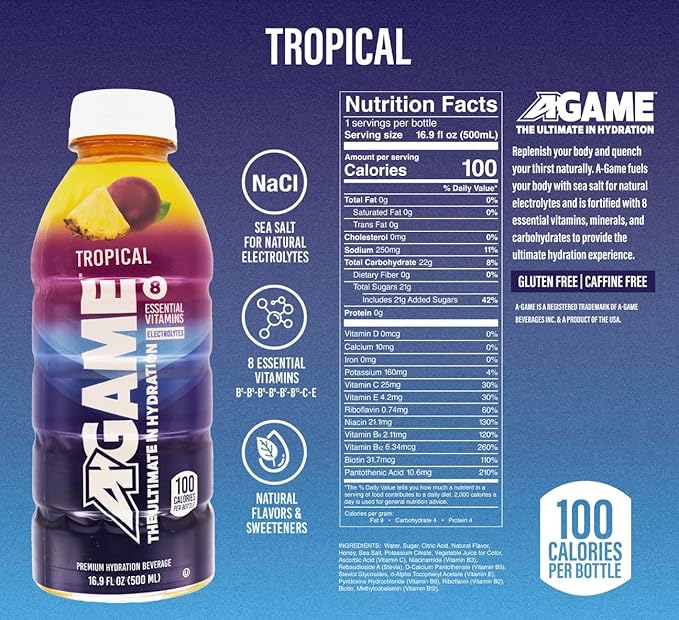 A-GAME Sports Drink, Tropical, The Ultimate Hydration Sports Beverage for Athletes, 8 Essential Vitamins including B, C, & E plus Natural Sea Salt Electrolytes, All Natural Flavors & Sweeteners, Gluten Free, 16.9 Fl Oz (Pack of 12)