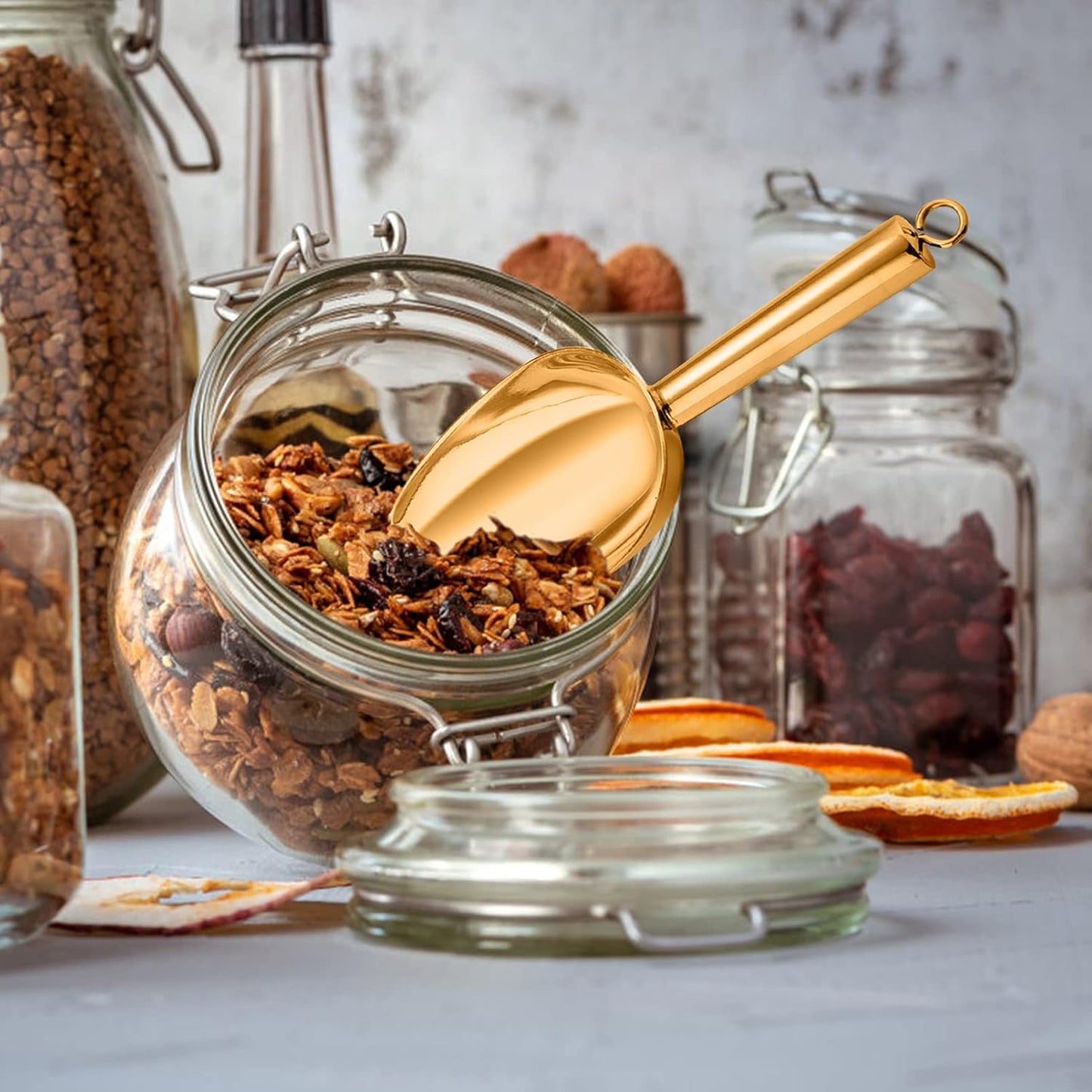 TeamFar Ice Scoops, 5oz Stainless Steel Canister Small Ice Candy Scoop for Kitchen Dispenser Buffet Jars, Healthy & Sturdy, Multi-use & Mirror Finish, Dishwasher Safe-2 PCS