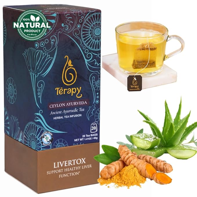 Tรฉrapy Ceylon LIVERTOX Organic Herbal Tea Bags | Helps with Liver Kidney Cleanse Detox & Repair | 100% Natural Ayurvedic Ingredients including Turmeric, Aloe Vera and Lemongrass | 20 Individually Wrapped Tea Bags
