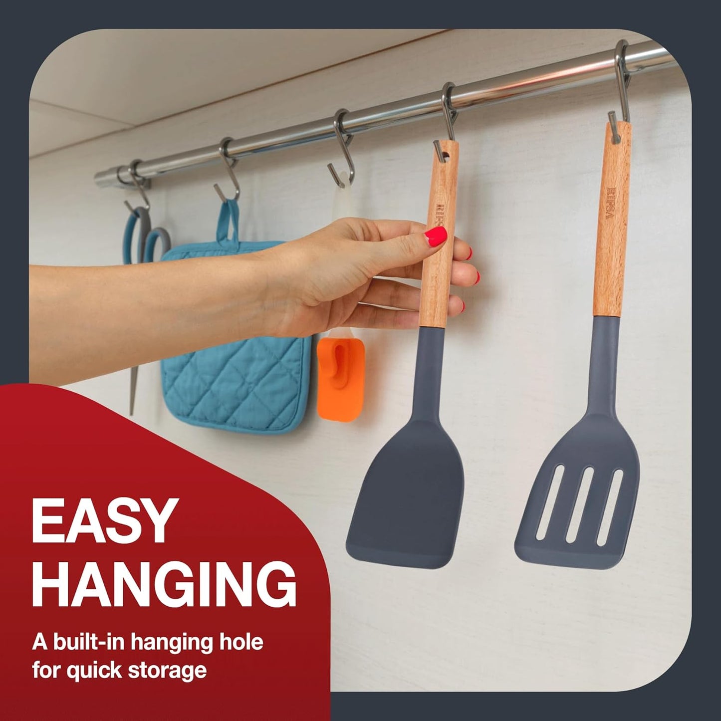 Pack of 2 Silicone Spatula, Non Stick Slotted Spatulas with Wooden Handle, Ideal Wood Kitchen Utensils Set for Frying, Baking, Flipping & Turning, Heat Resistant Silicone Turner for Non Stick Cookware