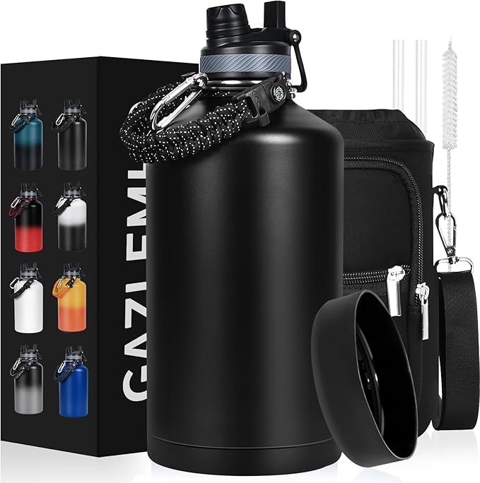 1 Gallon Water Bottle Insulated, Leak Proof 128 oz Stainless Steel Water Jug with Straw/Spout 2-in-1 Lid, Sleeve, Paracord Handle, Silicone Boot, One Gal Metal Canteen for Gym Sports Camping