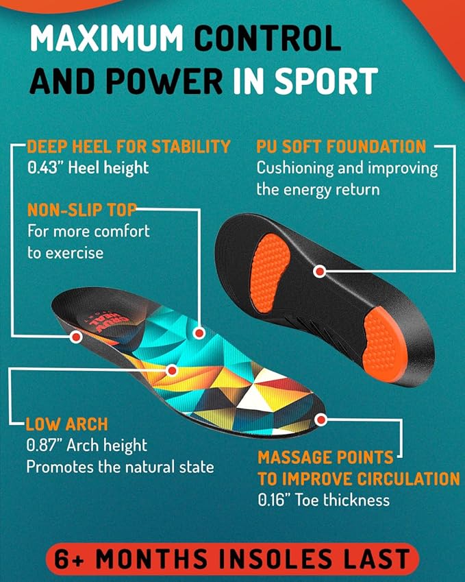 Sport Shock Absorbing Insoles - Athletic Shoe Cushioning Inserts for Men and Women - Ideal for Active Sports Running Training Hiking - Neutral Arch Good for Sneakers Shoes, S