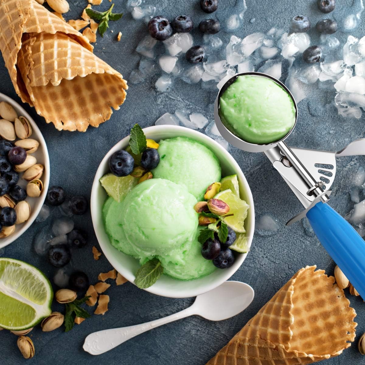 Commercial-Grade Ice Cream Scooper 2 oz, 18/8 Stainless Steel Cookie Scoop with Plastic Handle, Portion Control Disher Scoop for Bakeries, Restaurants & Dessert Shops, #16, Blue