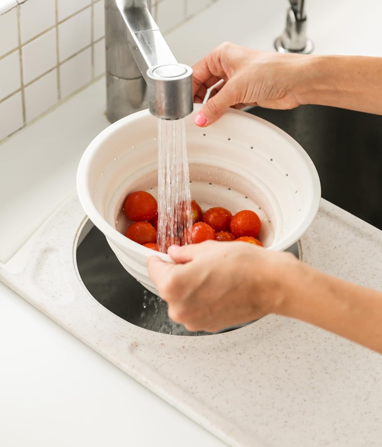 Dexas Over the Sink PolyFiber Flax Cutting Board with Collapsible Colander Strainer, 11.5 x 20", Cream