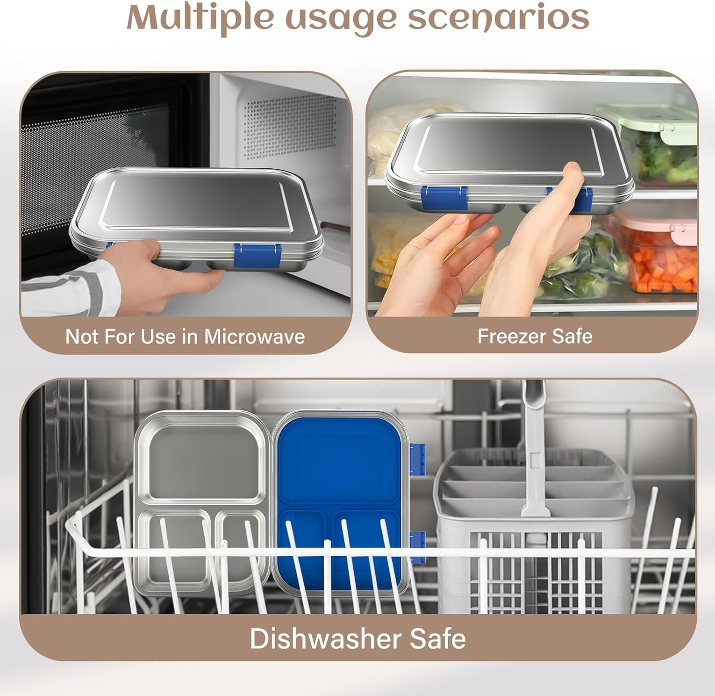 Stainless Steel Bento Box Kids, 3 Compartments Leak Proof Metal Bento Lunch Box, 304 Stainless Steel Bento Lunch Containers for School and Office,Dishwasher Safe, BPA-Free-Blue