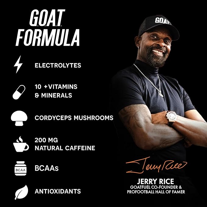 G.O.A.T. Fuel Energy Drink, Co-Founded by Jerry Rice, Natural Caffeine, Electrolytes, BCAAs, Cordyceps Mushrooms & Antioxidants, Light Carbonation Pre Workout, 12 Pack, 12 FL Oz, Tropical Berry