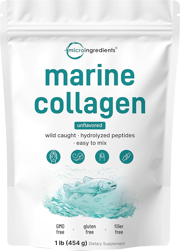 Micro Ingredients Marine Collagen Peptides Powder, 1 lb | Type I Marine Collagen + Natural Protein | Wild-Caught Fish Source | Unflavored | Supports Hair, Skin & Joint Health | Pescatarian, Non-GMO