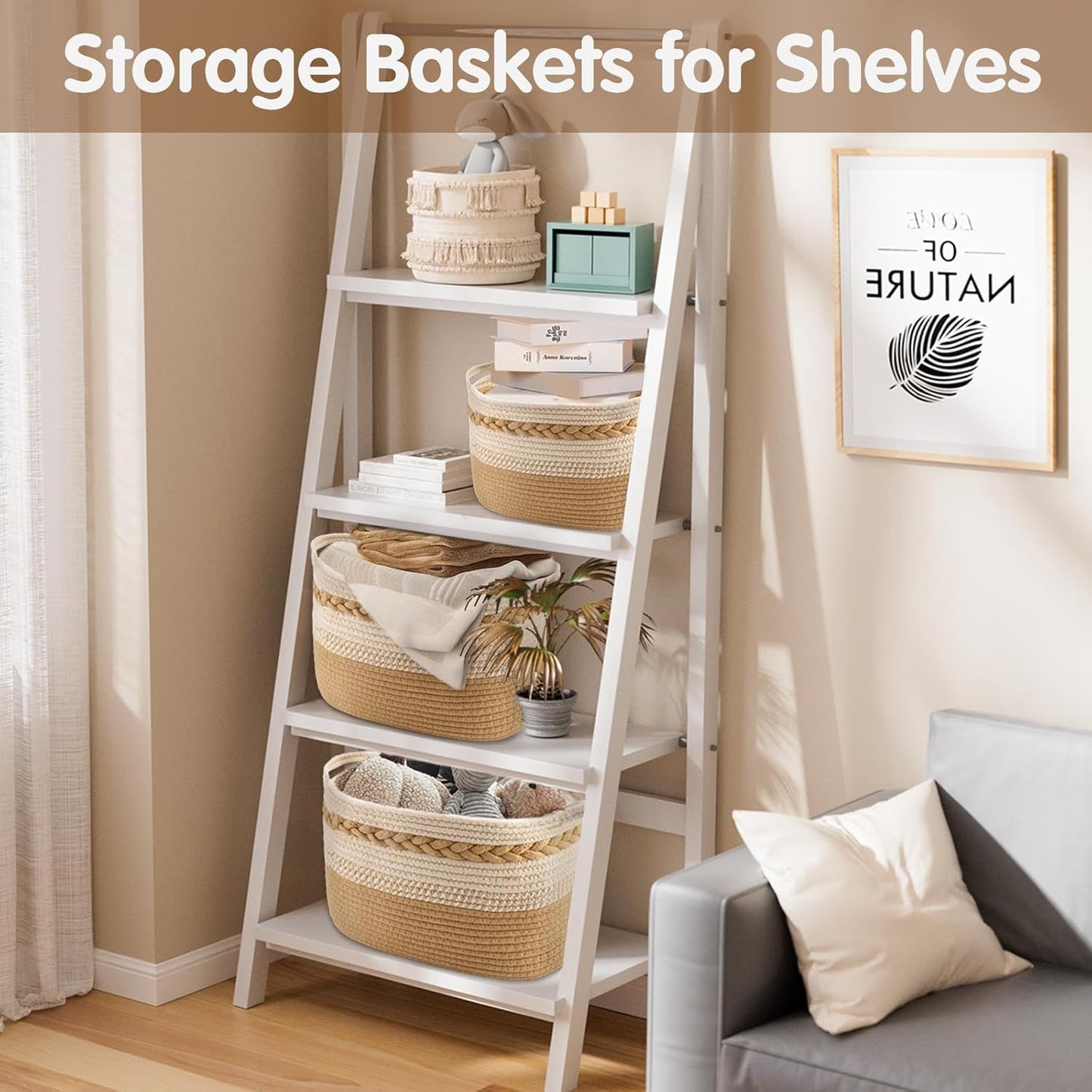Woven Storage Basket, 3 Pack Beige Rope Basket for Shelves, HandWoven Cotton Rope Basket with Built-in Handles and Labels for Bathroom, Bedroom, Laundry, Pantry, Shelves