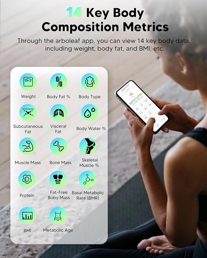 arboleaf Smart Scale for Body Weight and Fat, Bluetooth Digital Bathroom Scale, Body Composition Analyzer with App, 14 Metrics Include BMI, 400lb Capacity(White)