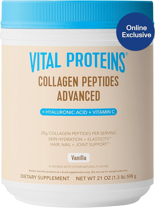 Vital Proteins Collagen Peptides Advanced, Hydrolyzed Peptides with Hyaluronic Acid and Vitamin C - Vanilla Flavor Powder, 21oz