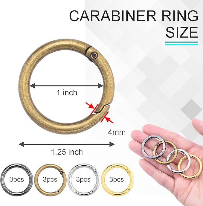 12Pack 1 Inch Spring O Ring Clip Keychain, 4 Colors Round Carabiner Clip Keyrings Snap Hook Buckle for Purse Shoulder Bag Chain Ring Clip Replacement Paracord Keychain Lanyard Leather Repair Hardware