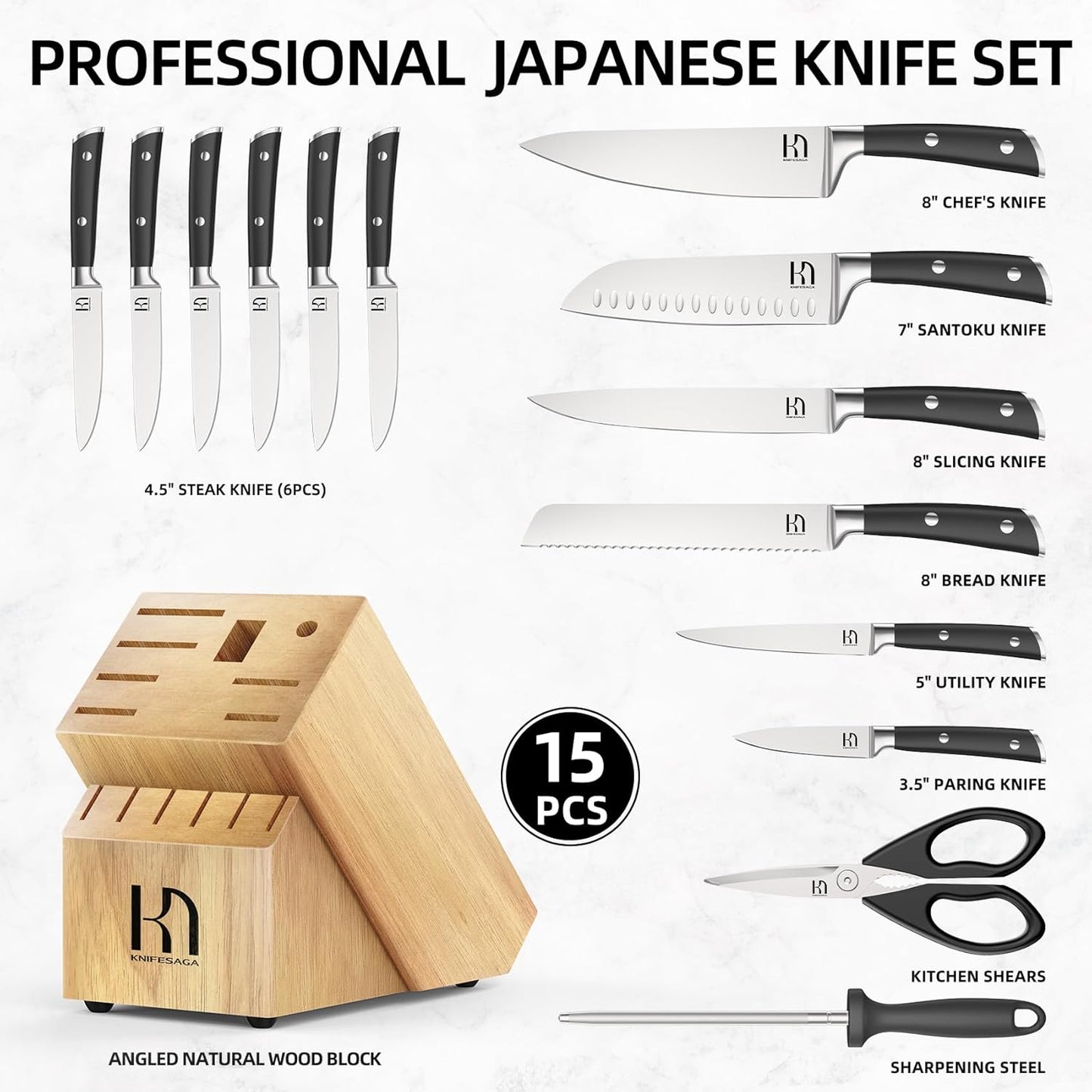Knife Set with Block Premium, Japanese 15 Piece Ultra Sharp High Carbon Stainless Steel Kitchen Knives set with Sharpener, Professional Knife Block Set with Ergonomic Handle for Home Chefs