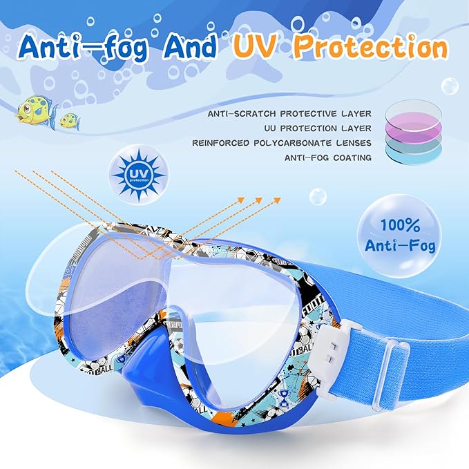 Kids Swim Goggles with Nose Cover, 180° Panoramic Snorkel Mask with Anti-Fog & Anti-Leak Design, Comfort Fabric Strap UV Protection Lens for Boys Girls Ages 3-15