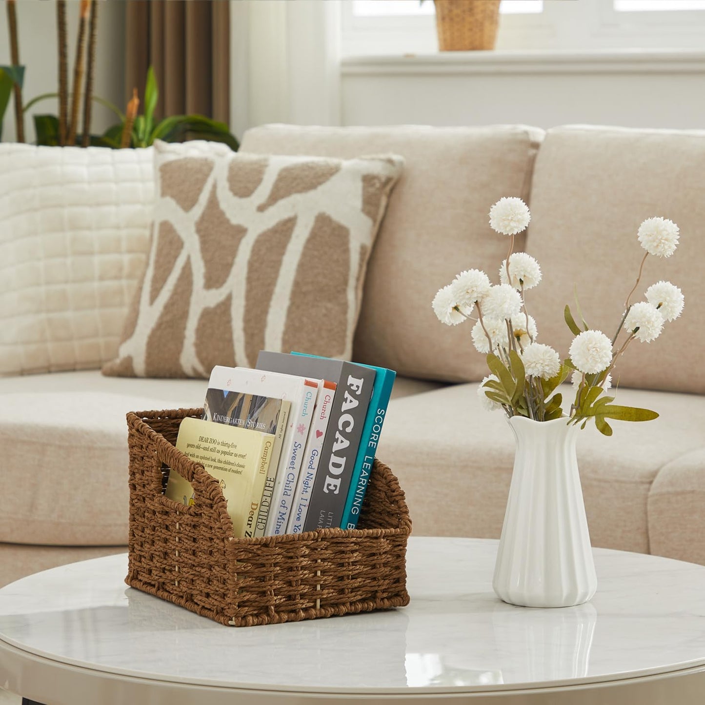 Wicker Baskets for Organizing,Pantry, Kitchen Counter with Handles, Handwoven Wicker Storage Baskets for Fruit, Bread, Vegetable, Boho Decoration, Paper Storage Bins for Shelves, 3 Pack, Brown