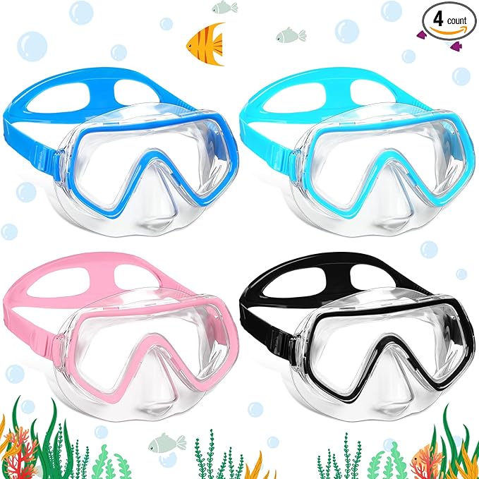 Hoolerry 4 Pcs Kids Nose Goggles Swim Goggles with Nose Cover for 3-8 Tempered Glass Snorkel Dive Mask Anti Fog with Elastic Strap No Leak Swimming Mask for Summer Diving Snorkeling