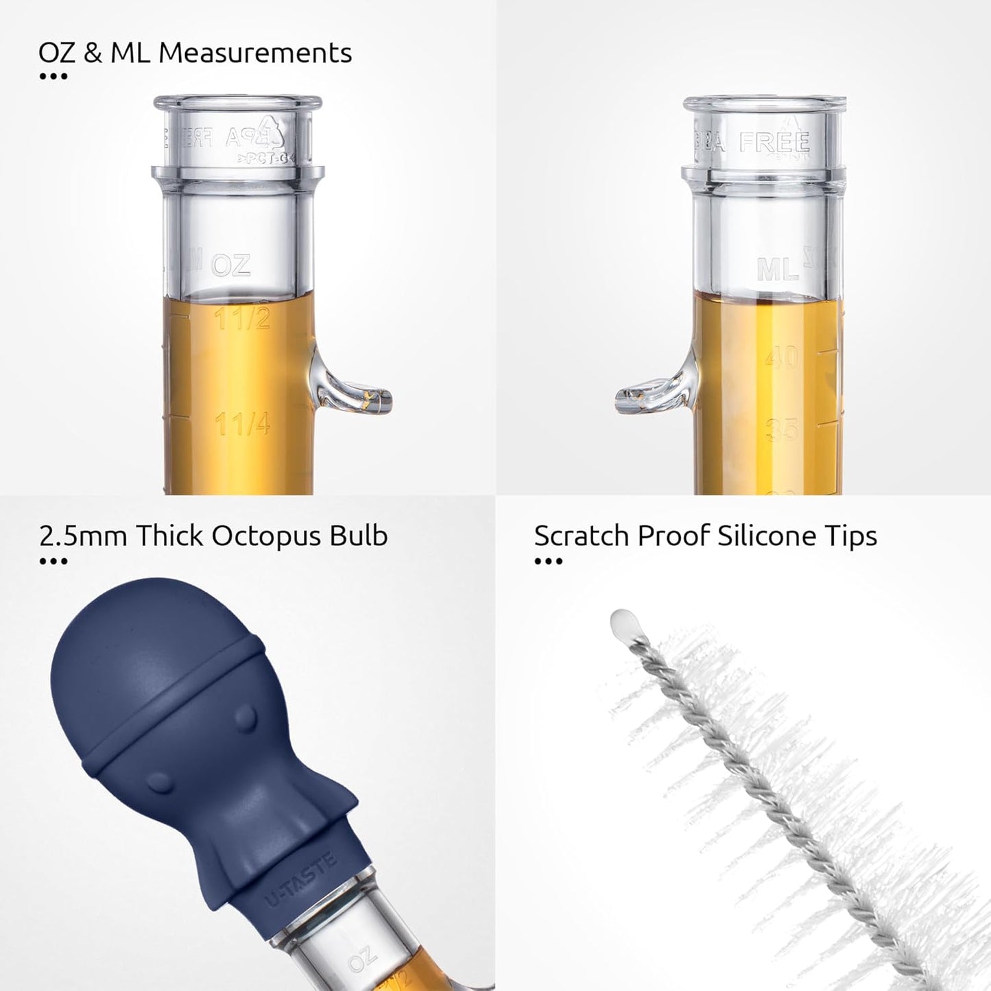 U-Taste 1.5oz Angled Turkey Baster - 228.2ºF Heat Resistant Food Grade Tritan and Silicone Large Octopus Bulb Baster Set with Cleaning Brush for Cooking Basting Meat Poultry Chicken (Midnight Blue)