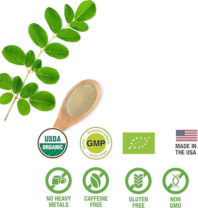 100% Raw and Pure Moringa Leaf Powder. Organic Certified Moringa Leaf. Natural Superfood with Essential Amino Acids, Antioxidants, and Omega 3, 8 oz Resealable Bag.