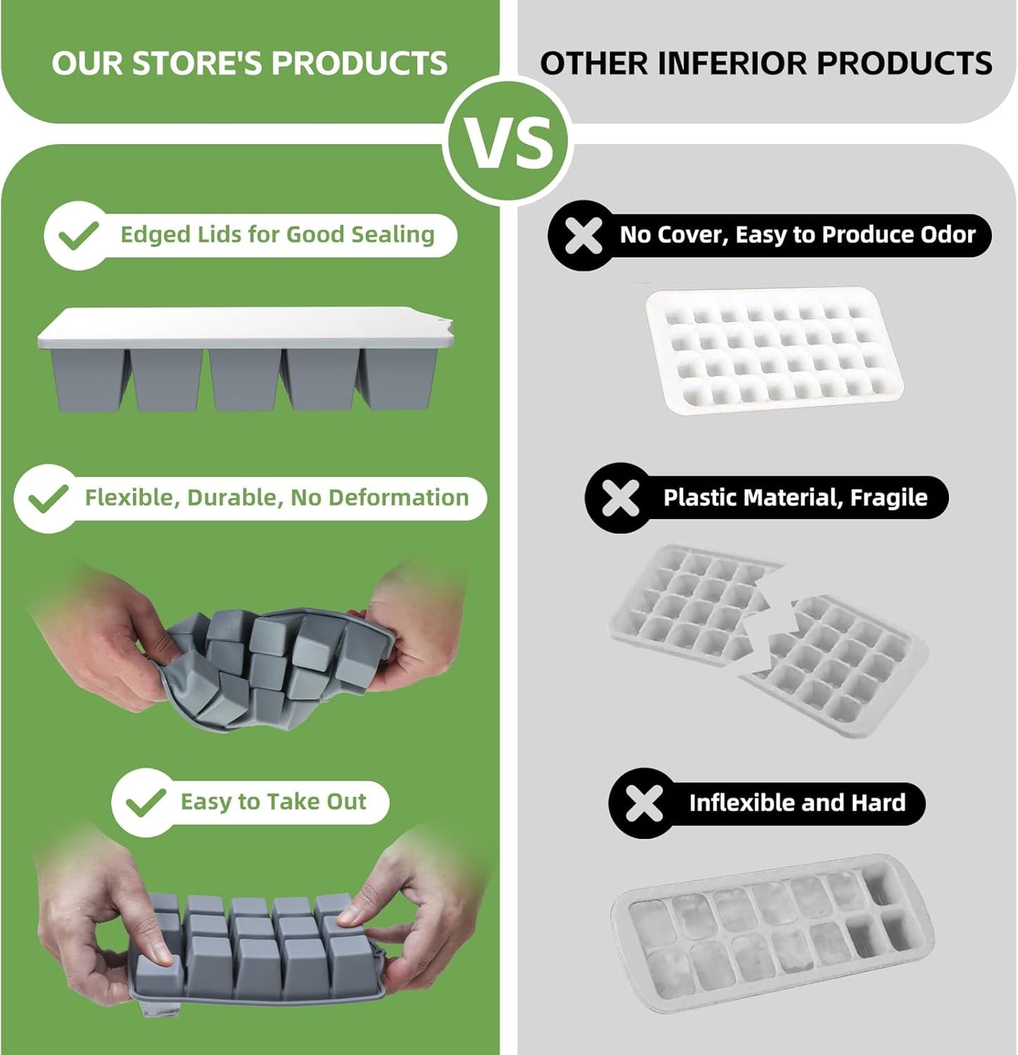 Silicone Ice Cube Tray, 2 Pack Easy-Release Stackable Ice Trays for Freezer with Lid 15 Reusable Cubes, Food Grade BPA Free Ice Molds for Whiskey, Baby Food, Coffee, Cocktail, Drinks (Grey)