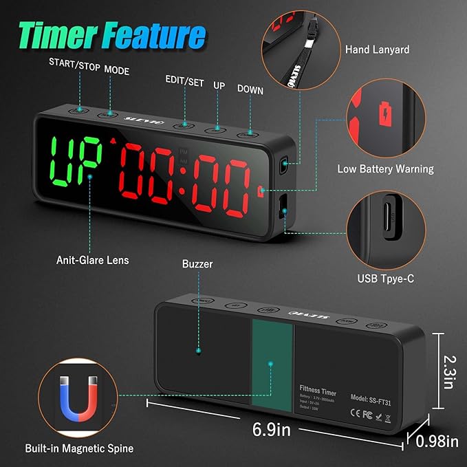 Small Gym Timer Clock Stopwatch Magnetic Workout Interval Timer, Large LED Digital Display, Home Accessories Countdown Clock for Home Gym Garage Schools