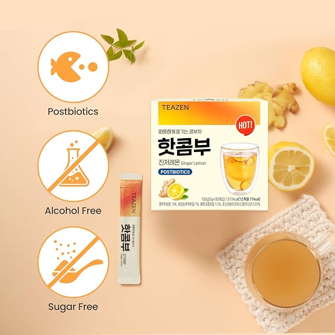 TEAZEN Lemon Ginger Hot Kombucha Tea, Live Probiotics & Postbiotics, Relaxation and Warmth for Colds and Sore Throat, Hydration Drink Mix, Sugar Free, 30 Sticks, 5.29oz