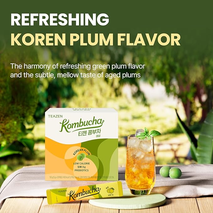 TEAZEN Japanese Apricot Kombucha Tea, Electrolyte & Hydration Drink Mix, Sugar Free, Live Probiotics & Prebiotics, 30 Sticks, 5.29oz