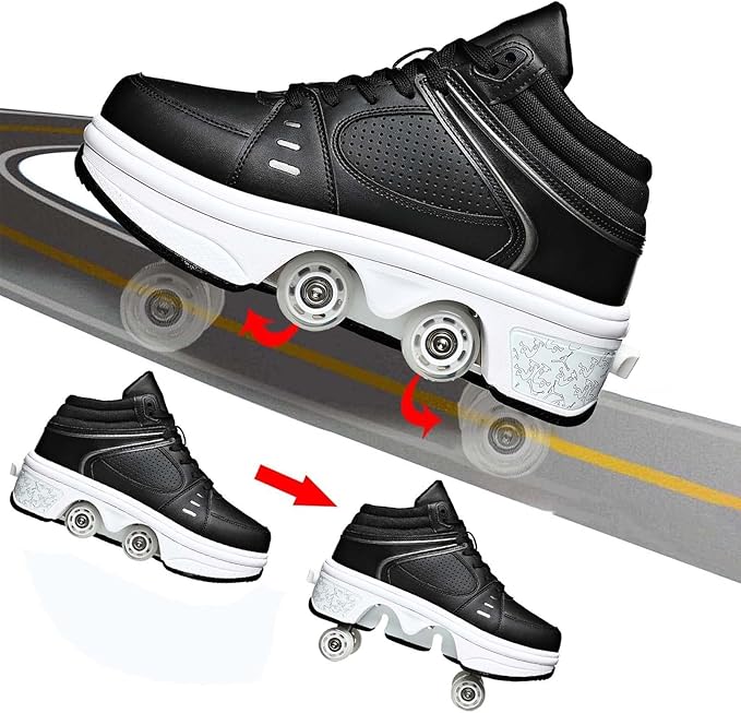 Roller Skate Shoes for Women Four Rounds Children's Roller Skates Shoes That Turn into Rollerskates Sneakers Outdoor Light Shoes with Wheels for Girls/Boys
