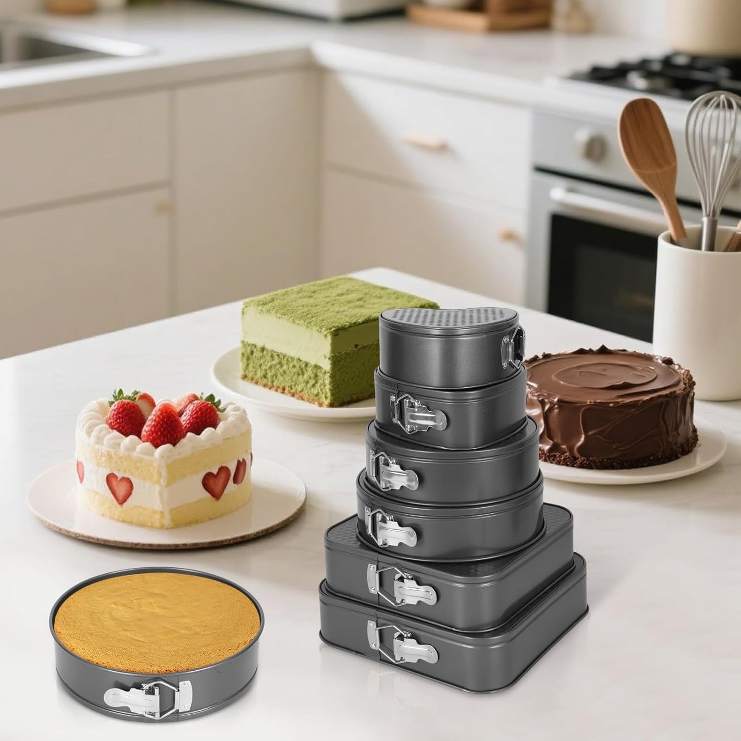 6Pcs Springform Cake Pan Set Of 7 7.8 8.6 9 10 11inch Moldes Para Pasteles Non-Stick Spring Pans Heart Cake Pan Round Nonstick Cheesecake Pans Square Spring Form Pan For Cheesecake Pizza Quiches