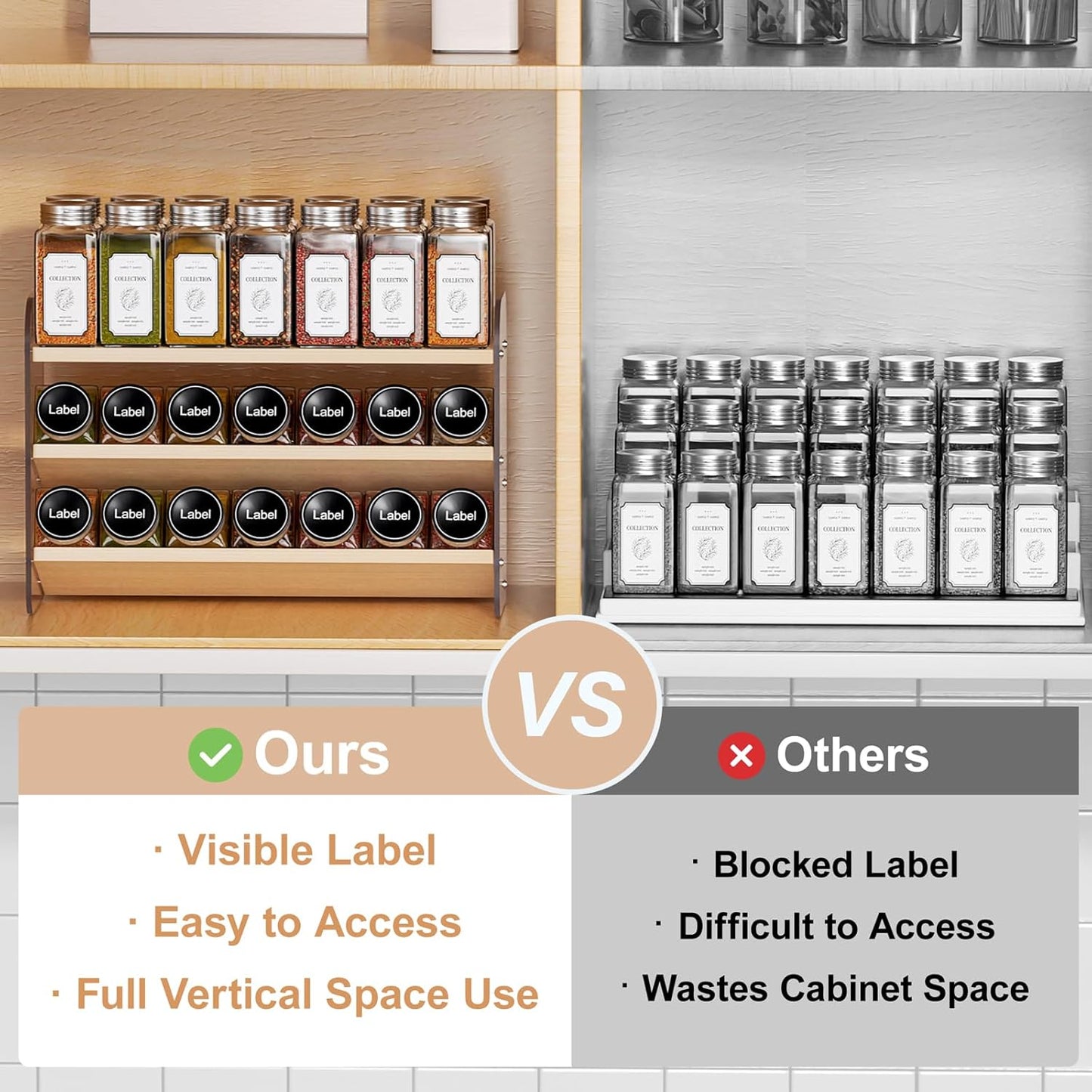 MUDEELA Clear Spice Rack Organizer for Cabinet, 3 Tiered Vertical Spice Shelf, Wooden Seasoning Organizer for Countertop, Kitchen, Pantry, Freestanding, 13.3" W × 11.2" H (No Jars Included)