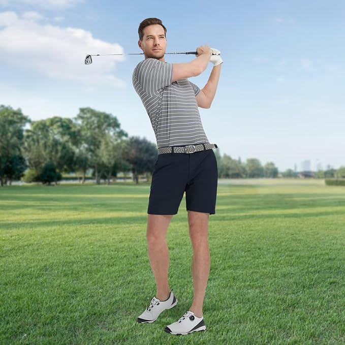 Rouen Mens Golf Shirt Moisture Wicking Dry Fit Performance Stripe Casual Collared Short Sleeve Golf Polo Shirts for Men