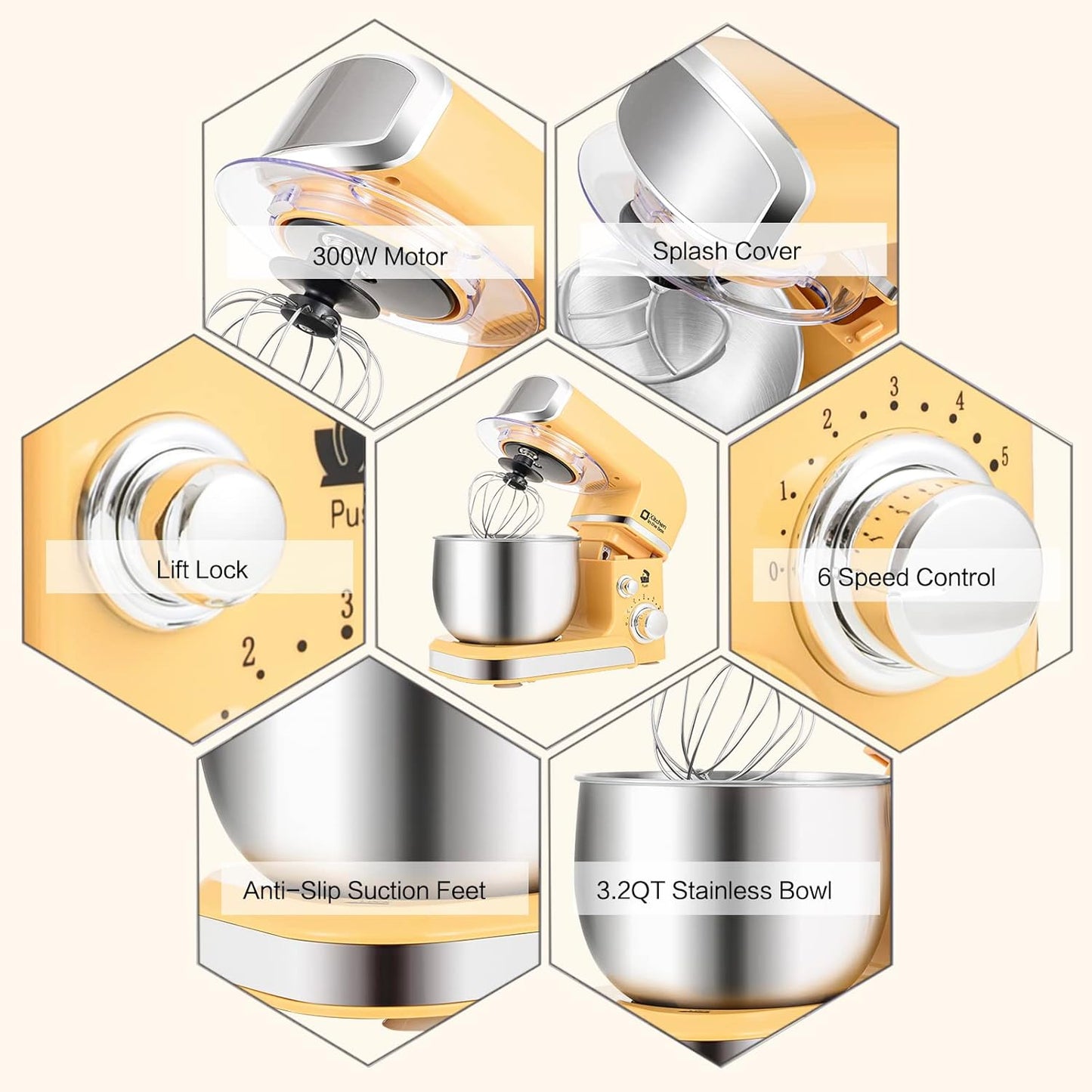 Kitchen in the box Stand Mixer,3.2Qt Small Electric Food Mixer,6 Speeds Portable Lightweight Kitchen Mixer for Daily Use with Egg Whisk,Dough Hook,Flat Beater (Yellow)