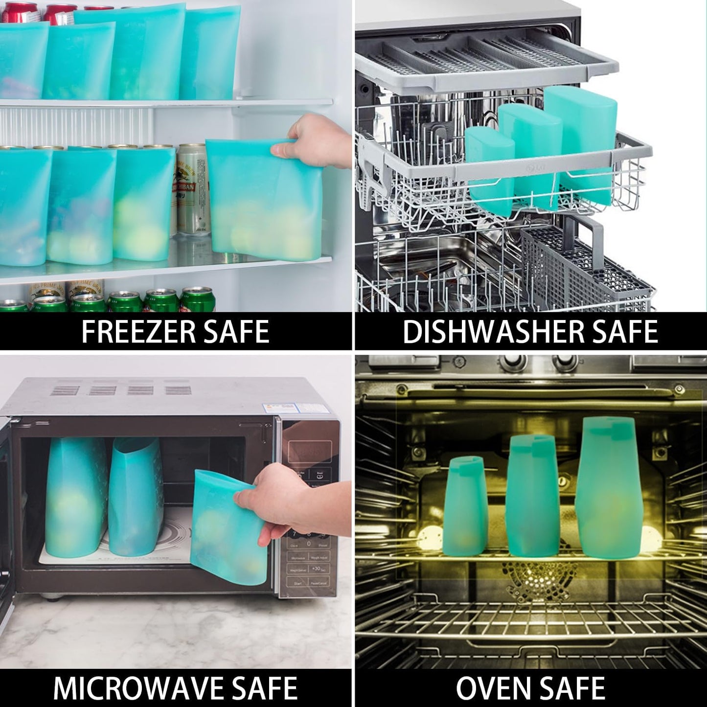 Reusable Food Bags, 8 Pack 100% Silicone Food Storage Bags Stand Up Zip Lock Container, Freezer Microwave Oven Dishwasher Safe, 4 Medium 2 Small 2 Extra Small, Aqua