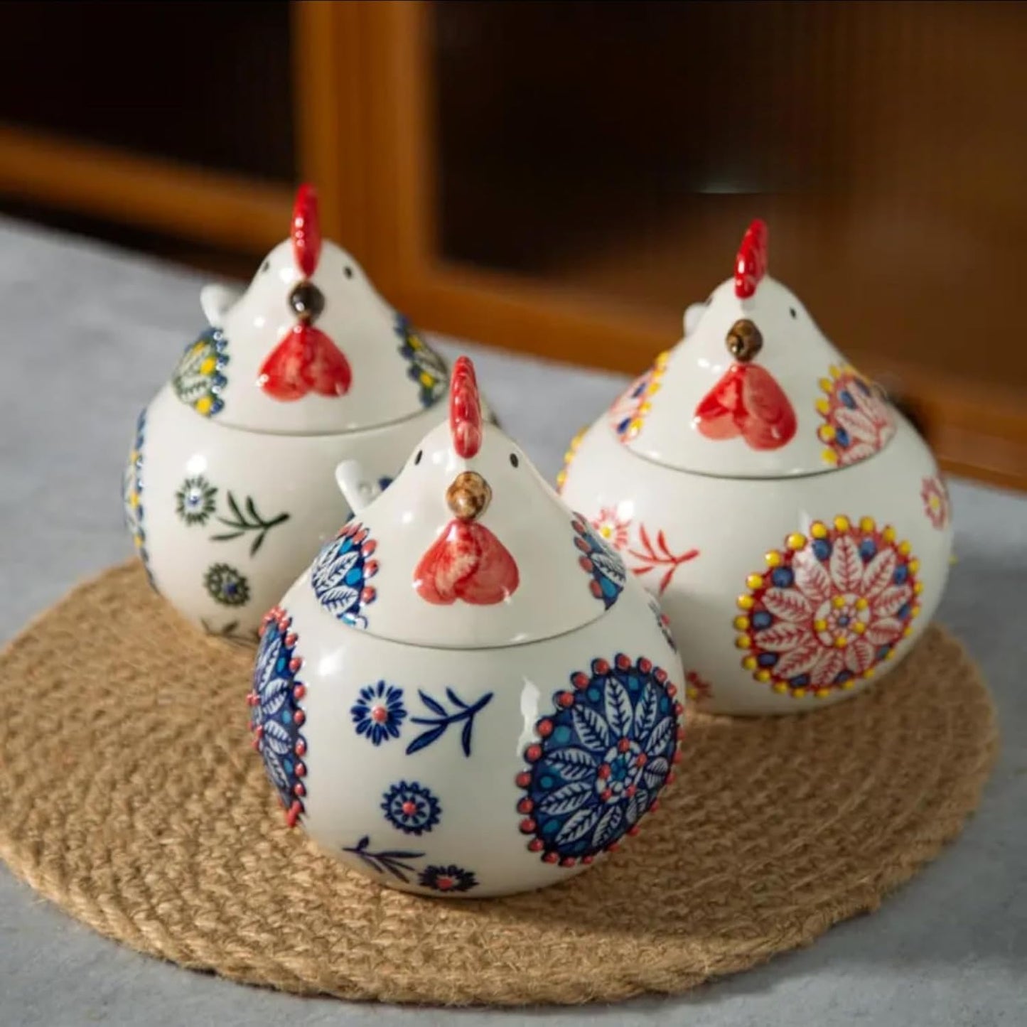 13.5 Oz Salt Cellar With Lid and Spoon (Green)- Ceramic Chicken Spice Jars for Salt, Sugar, Pepper - Spice Containers for Countertop