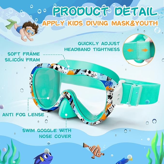 Kids Swim Goggles with Nose Cover, 180° Panoramic Snorkel Mask with Anti-Fog & Anti-Leak Design, Comfort Fabric Strap UV Protection Lens for Boys Girls Ages 3-15