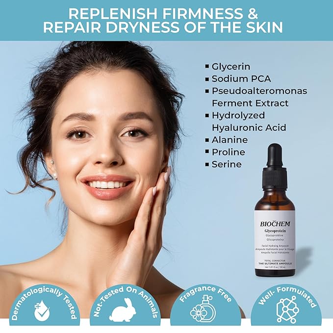 BIOCHEM Glycoprotein Hydrating Serum Ampoule – Deep Moisture + Skin Repair with Marine Glycoproteins & Hyaluronic Acid – Anti‑Aging Plumping Facial Serum, Sensitive Skin Safe, 1.01 fl oz / 30 mL