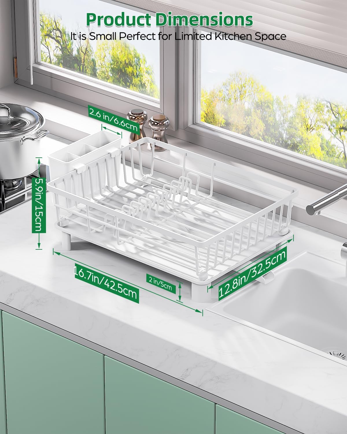 Dish Drying Rack, Stainless Steel Drainer Rack with Drainboard with Smart Drainage System, Space Saving Dish Strainer for Kitchen Counter with Cutlery Holder