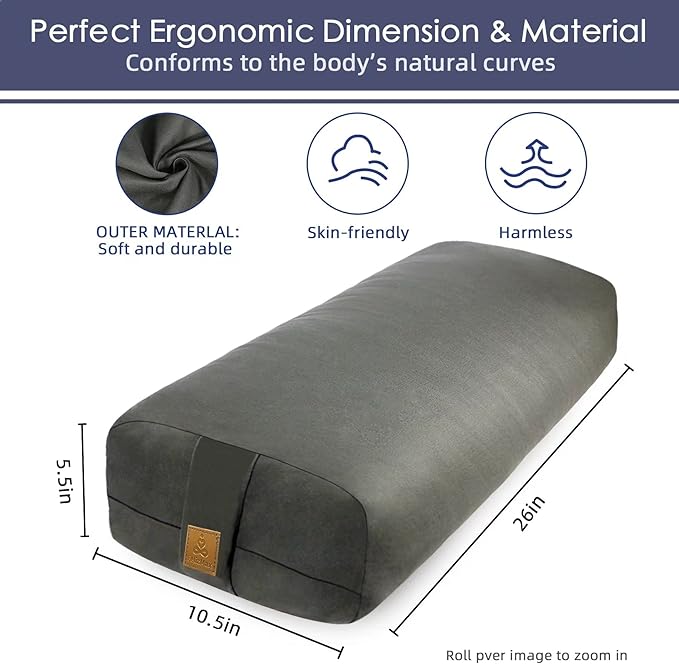 Yoga Bolster (26x10.5x5.5 in) Supportive Yoga Cushion for Restorative Yin Yoga Accessories Rectangular Bolster for Stretching Meditation Pillow 100% Organic Cotton Removable Washable Cover