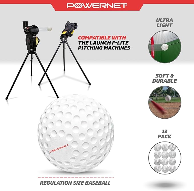 PowerNet Launch F-lite Softball & Baseball Pitching Machine, Dimpled Practice Balls, Bucket of Baseballs, Coaching Bucket Bundle for Pitching Machine, Baseball Training Equipment