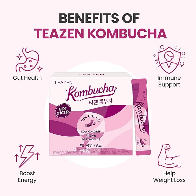 TEAZEN Mulled Wine Kombucha Tea, Live Probiotics & Postbiotics, Relaxation and Warmth for Colds and Sore Throat, Electrolyte & Hydration Drink Mix, Sugar Free, 30 Sticks, 5.29oz