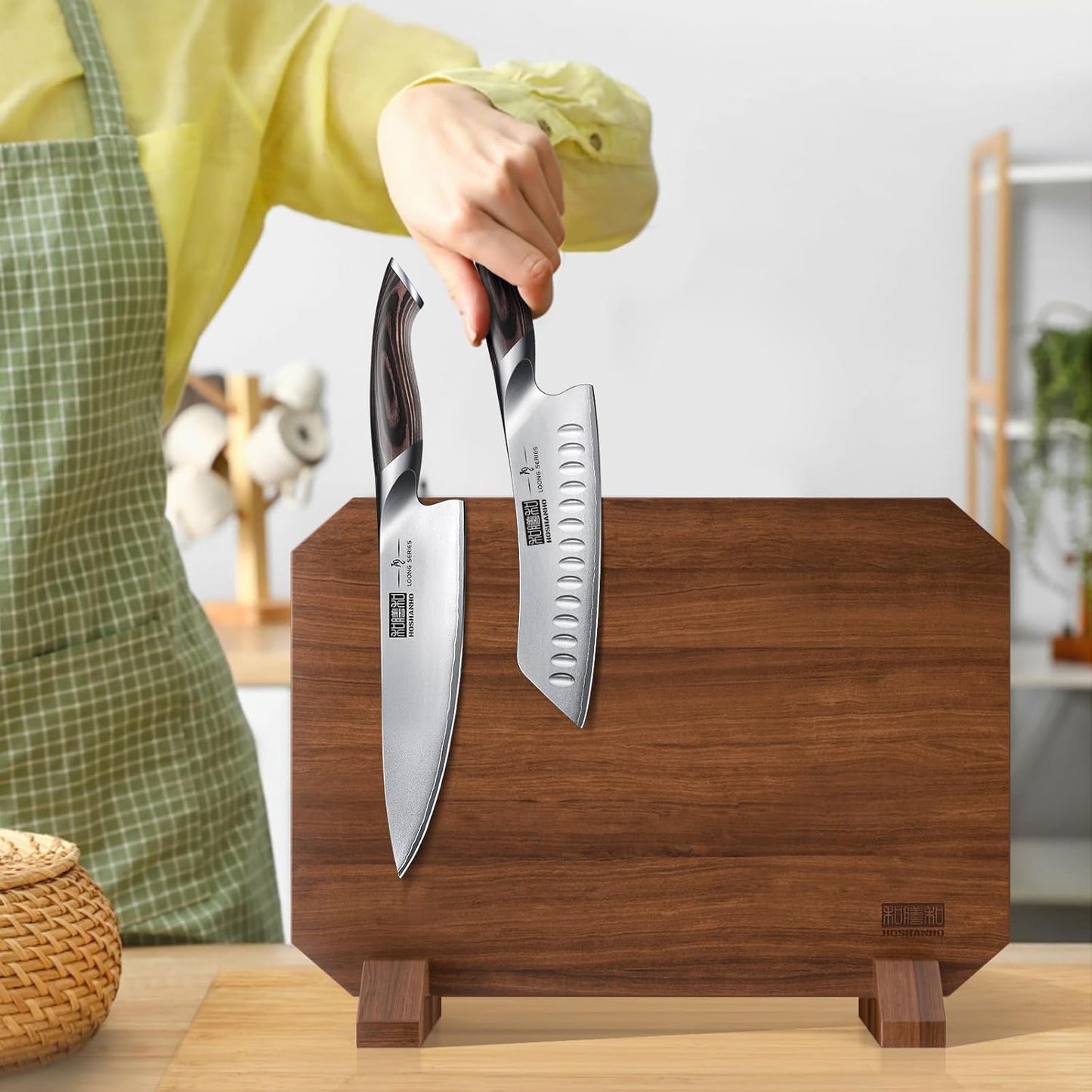 Magnetic Knife Block, Thickened Acacia Wood Kitchen Knife Holder Stand with Strong Magnets, Multifunctional Double Side Knife Storage Organizer for Kitchen Counter