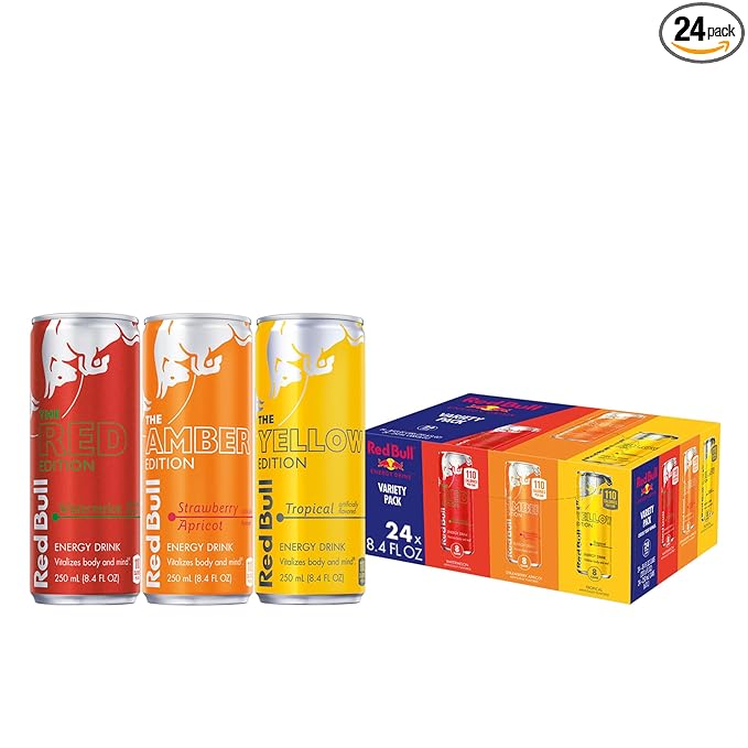 Red Bull Energy Drink Variety Pack, Red, Yellow & Amber, with 80mg Caffeine plus Taurine & B Vitamins, 8.4 Fl Oz, Pack of 24 Cans