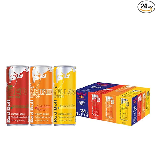 Red Bull Energy Drink Variety Pack, Red, Yellow & Amber, with 80mg Caffeine plus Taurine & B Vitamins, 8.4 Fl Oz, Pack of 24 Cans