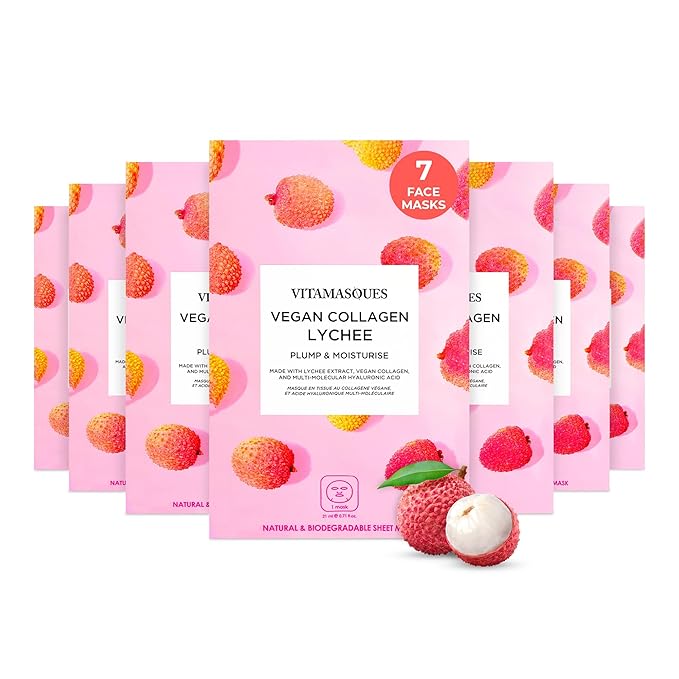 Vitamasques Korean Collagen Face Mask - Hydrating & Moisturizing Korean Sheet Mask with Lychee & Hyaluronic Acid - Vegan Facial Skincare for Firming, Plumping & Skin Care - 7 Pack