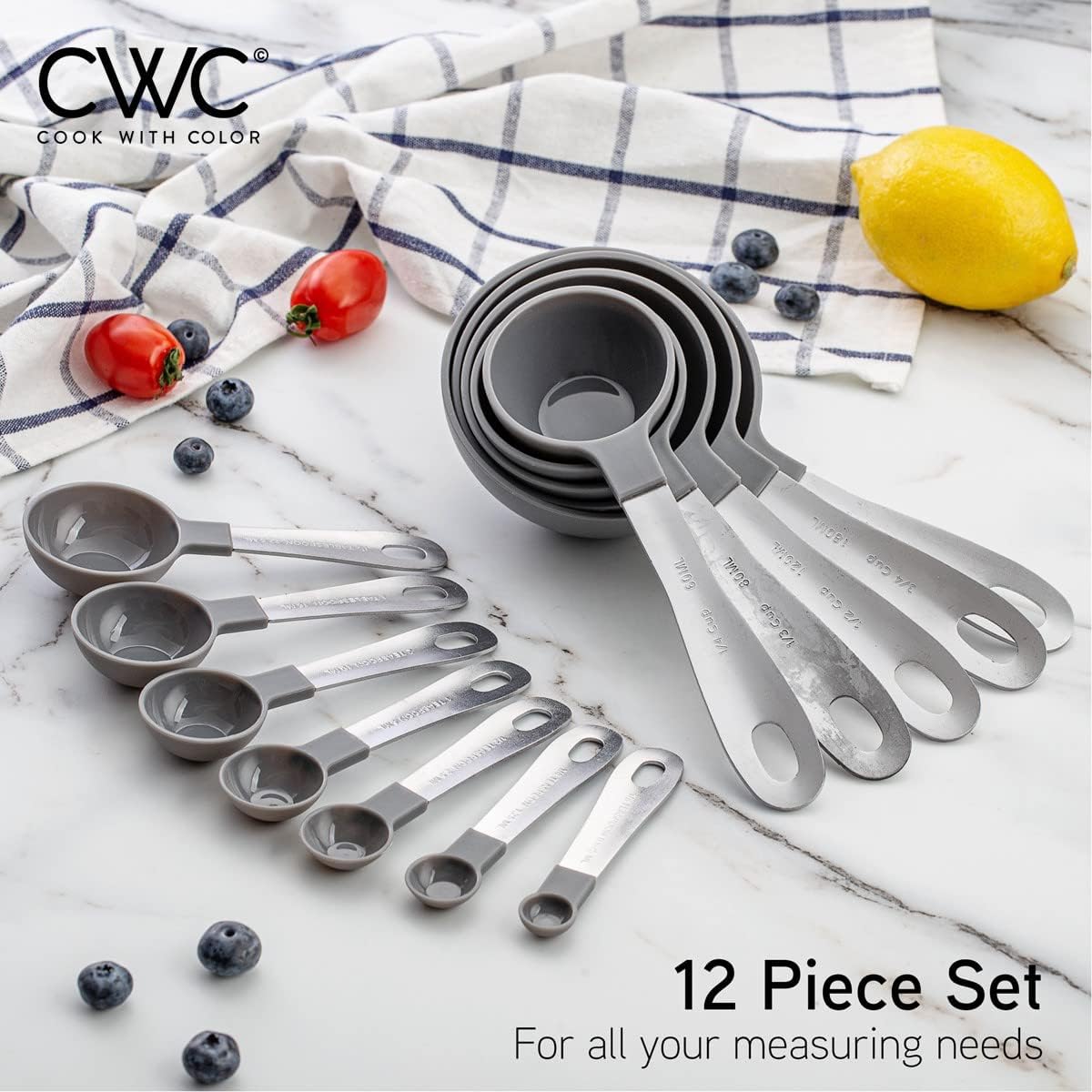 COOK WITH COLOR Measuring Cups Set and Measuring Spoon Set, Stainless Steel Handles, Nesting Kitchen Measuring Set, Liquid Measuring Cup Set, 12 PC Stainless Steel, Gray